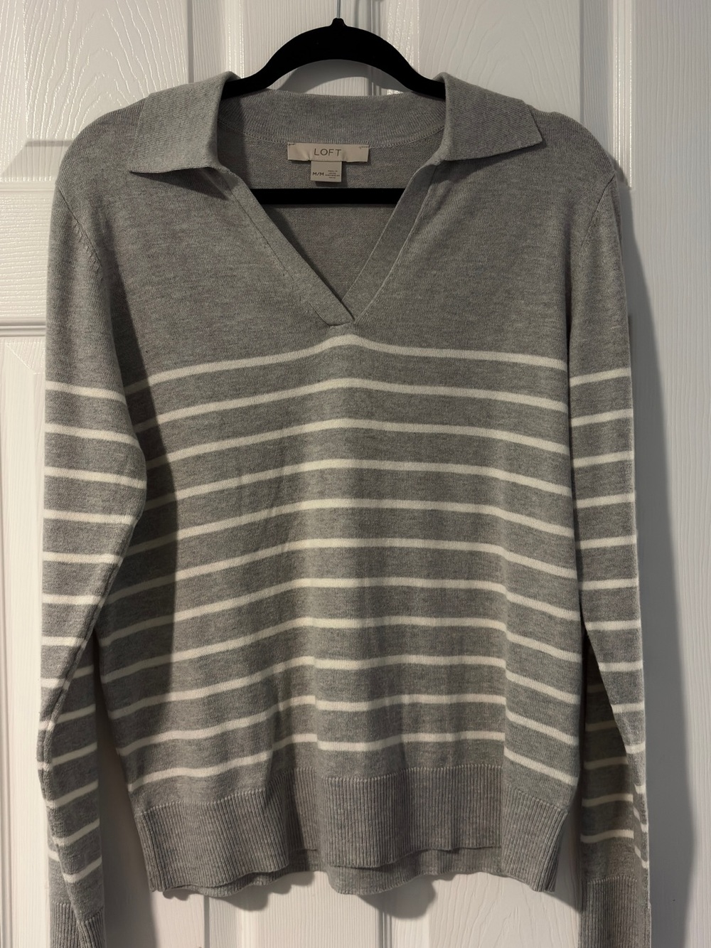 LOFT Gray and White Striped Collared V-Neck Pullover